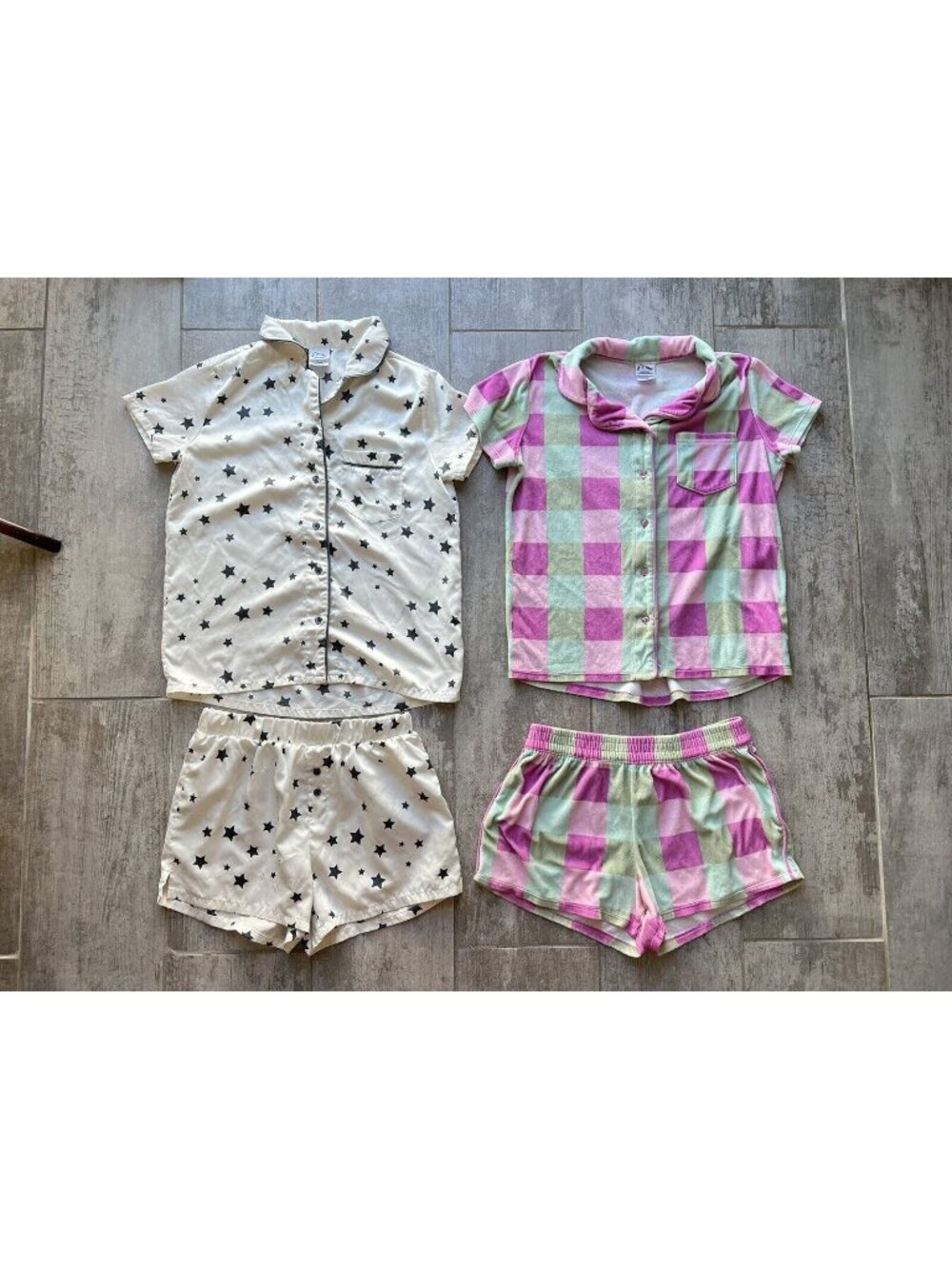 4 Piece Set Lot Girls Satin Stars Plaid Fleece Pajamas Pjs Sleep Lounge 10-12 L